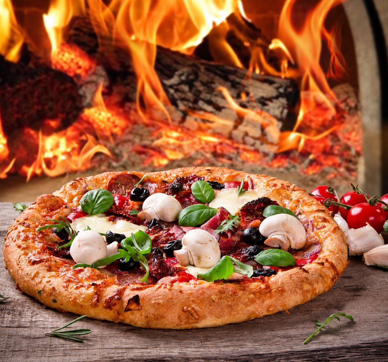 Pizza garnie de tomates, champignons et basilic posée devant un feu de bois